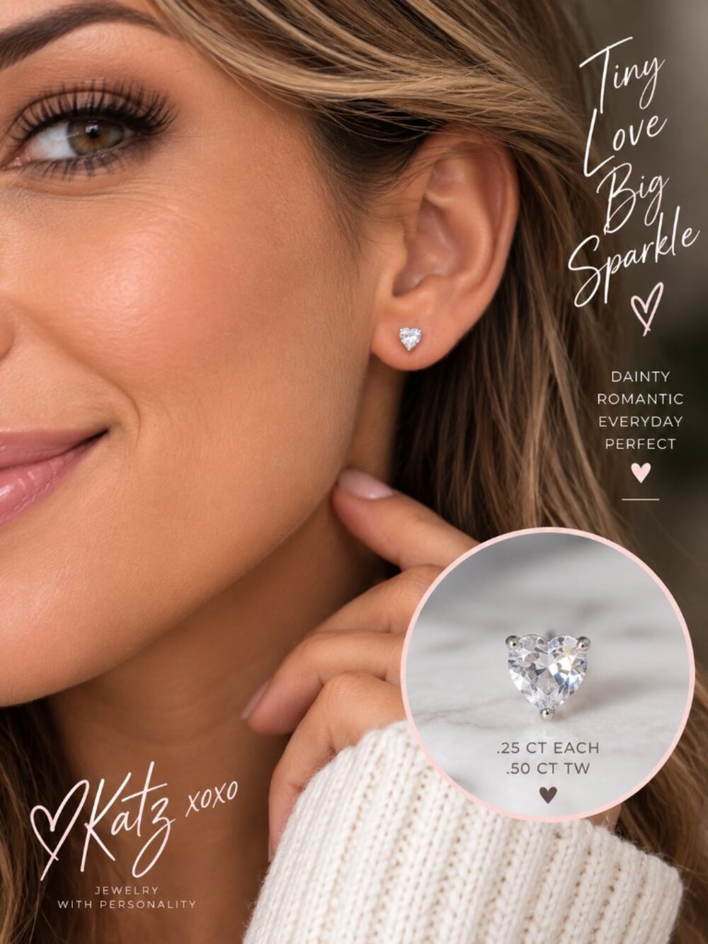 Petite Heart CZ Stud Earrings .50ct TW Silver Tone Dainty Solitaire Luxe Jewelry